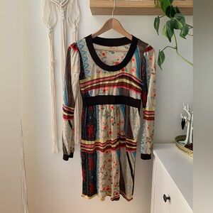 Red Cream Long Sleeve Sweater Dress with Scoop Neck for Casual Wear